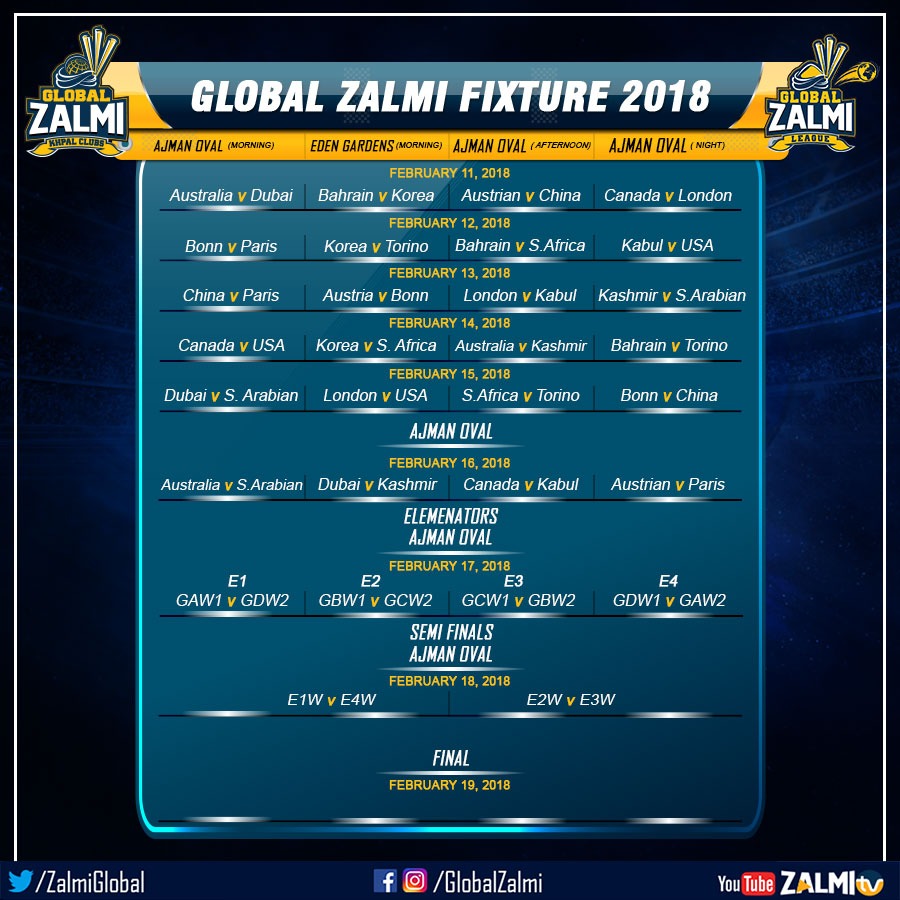 Global Zalmi League 2018 Fixture